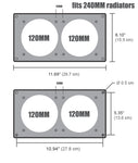 PDF dimensions for Mnpctech Aluminum 2x120mm Fan Mounting Plate fits 240mm Radiators with 15mm screw spacing.